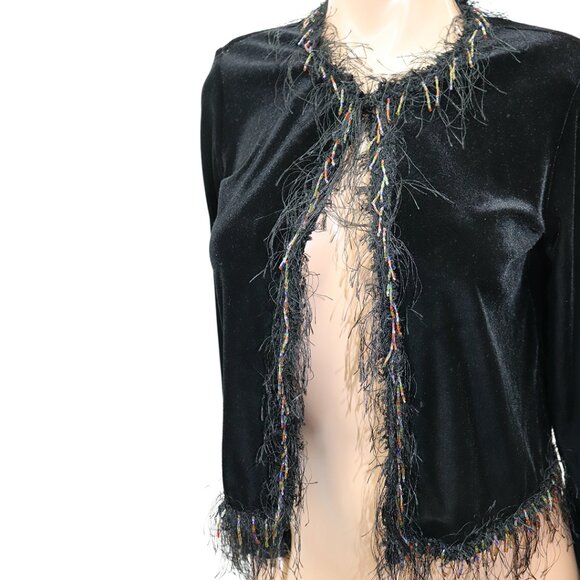 Ronni Nicole Black Velvet Eyelash Trim Beaded Shaggy Bolero Shrug Jacket M - Picture 4 of 5